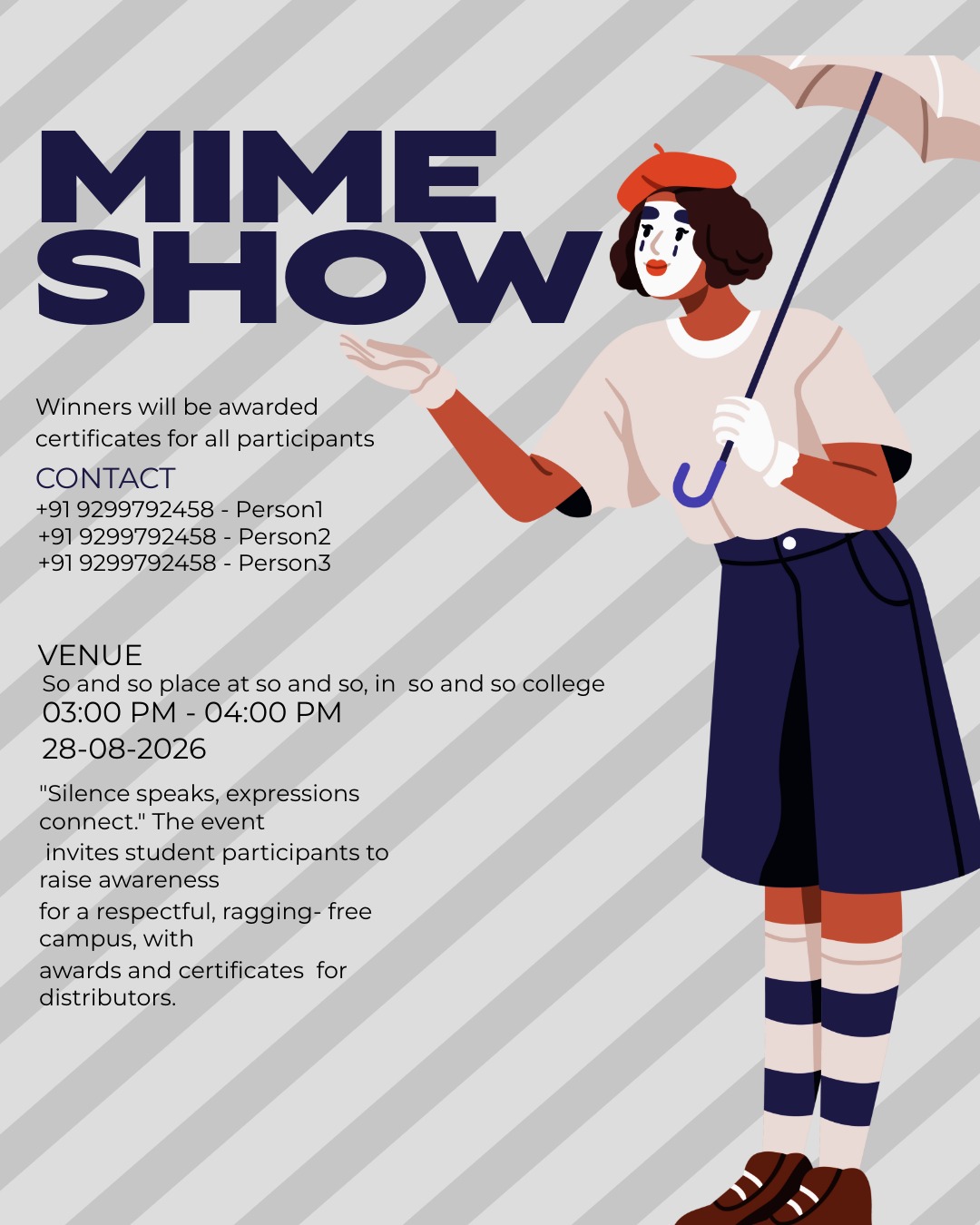 Mime Show event poster with illustrated performer holding umbrella